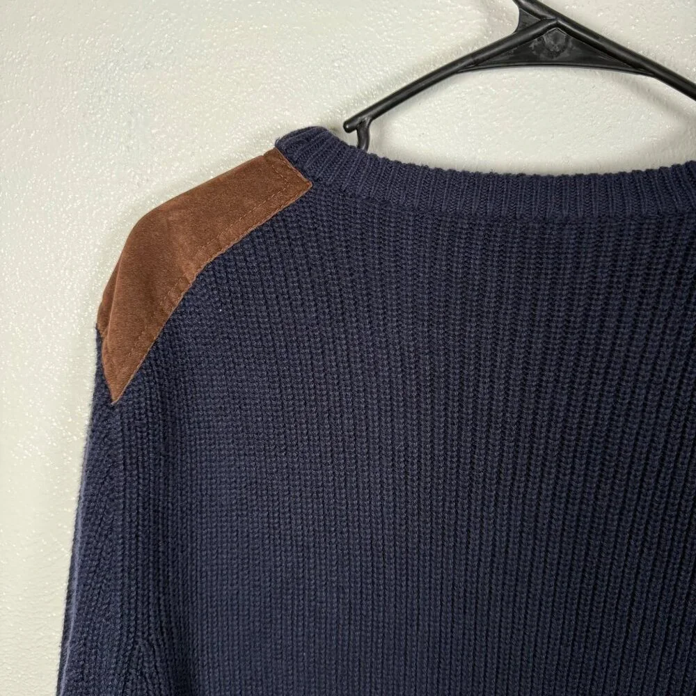 J.Crew Sweater Men's Large Suede Shoulder Patch Blue Woodsman Military Knit